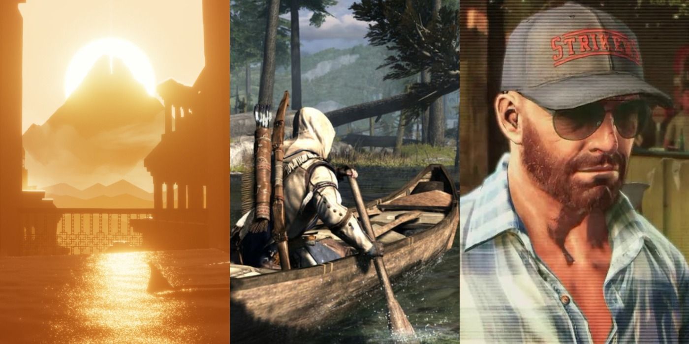 Split image of the mountain in Journey, Desmond in Assassin's Creed III, and Max in Max Payne 3