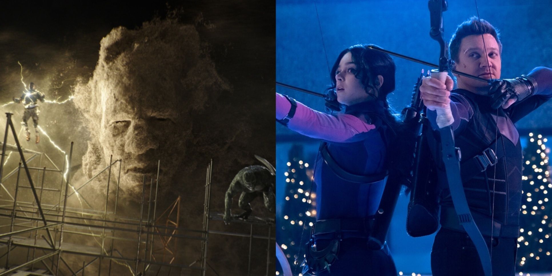 Split image of the villains in Spider-Man No Way Home and Clint and Kate on an ice rink in Hawkeye