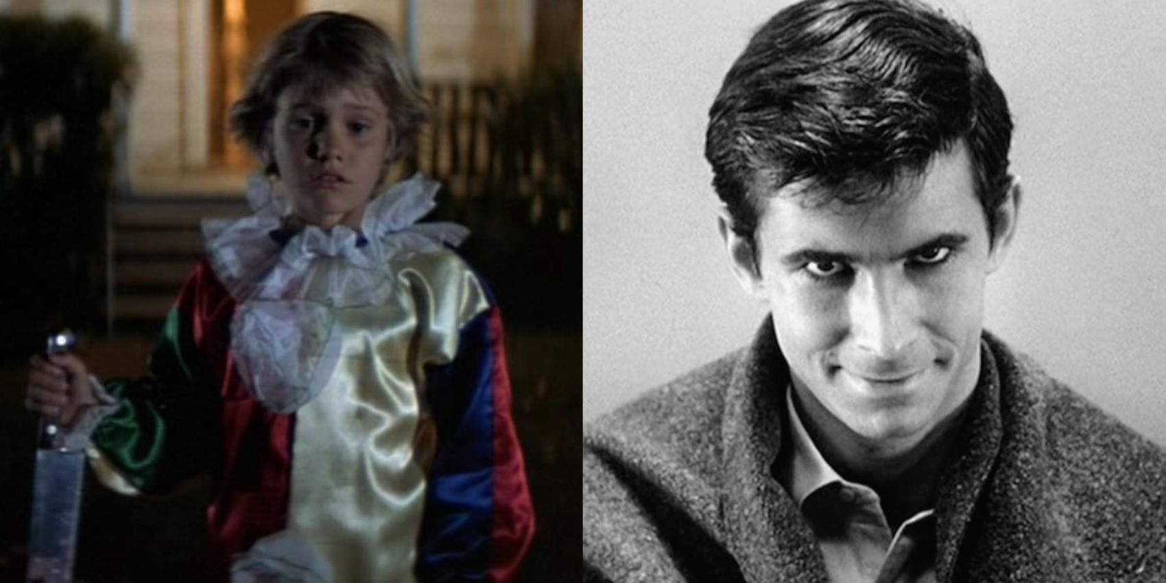 Split image of young Michael Myers in Halloween and Norman Bates in Psycho
