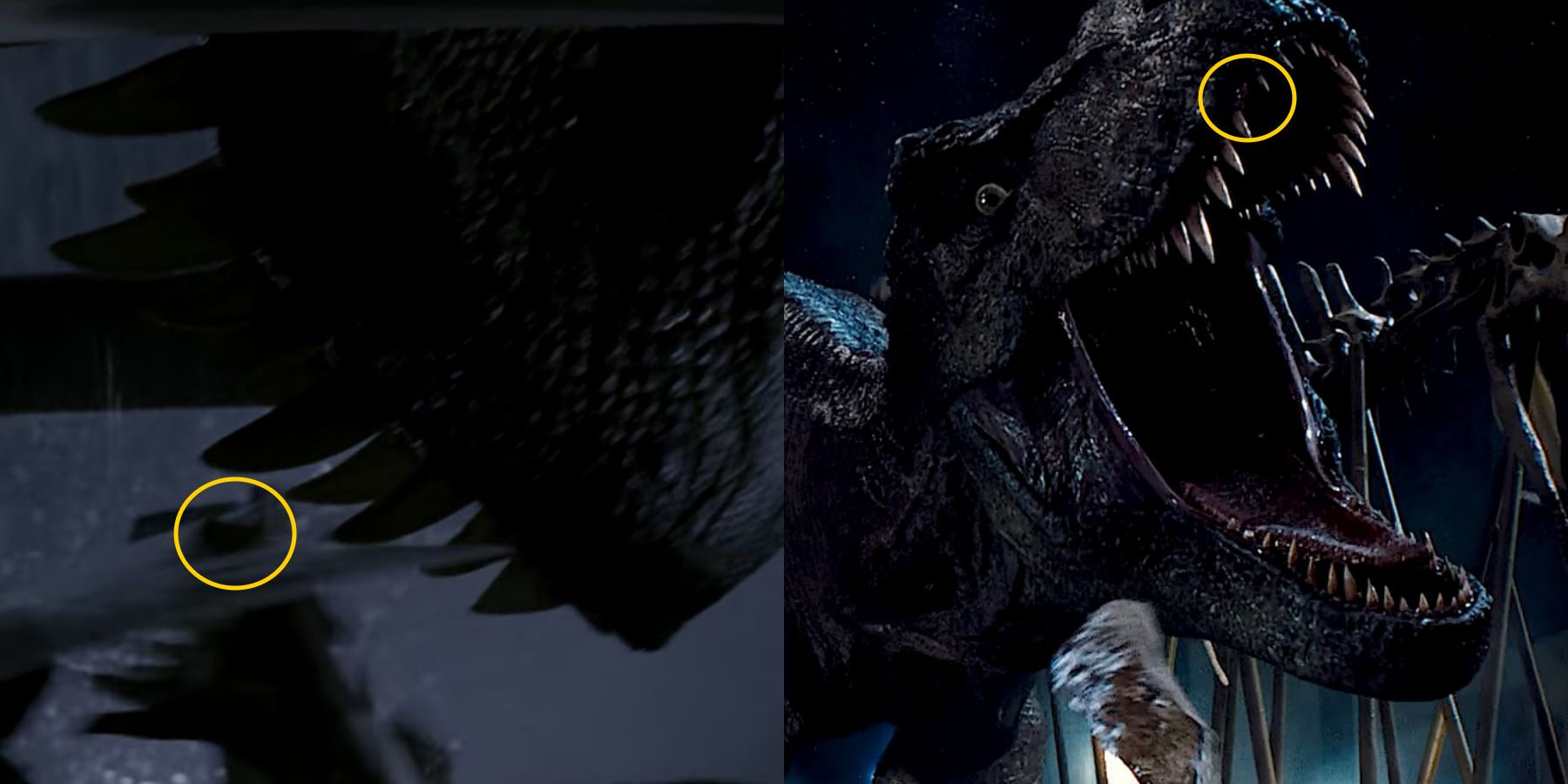 Split image pointing out Rexy's missing tooth in Jurassic Park and Jurassic World