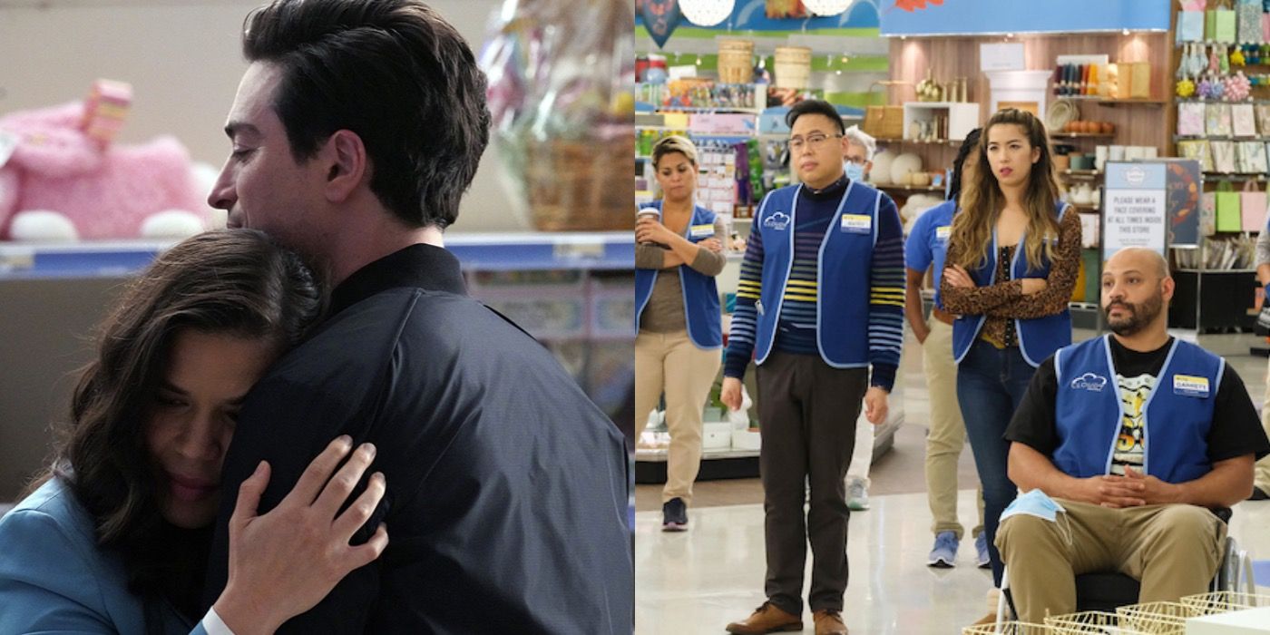 Split image showing Amy and Jonah, Mateo, Cheyenne, and Garrett in Superstore