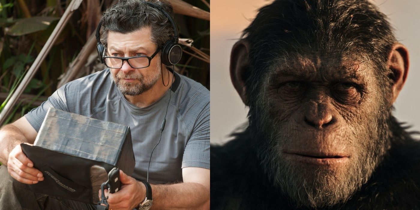 Split images of Andy Serkis directing a scene and Caesar looking angrily