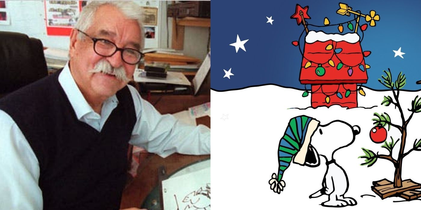 Split images of Bill Mendelez sitting on a table and Snoopy looking at a Christmas tree in A Charlie Brown Christmas