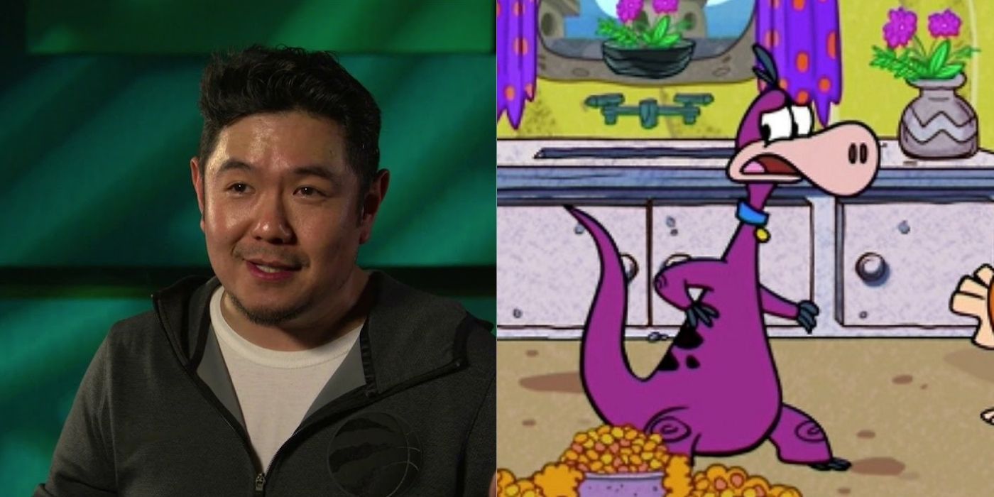 Split images of Eric Bauza and Dino in Yabba Dabba Dinosaurs