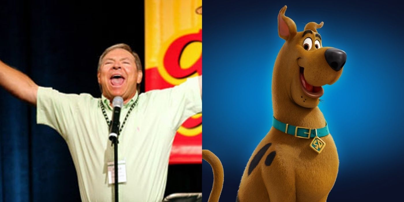 Split images of Frank Welker screaming in front of a mic and Scooby Doo in Scoob