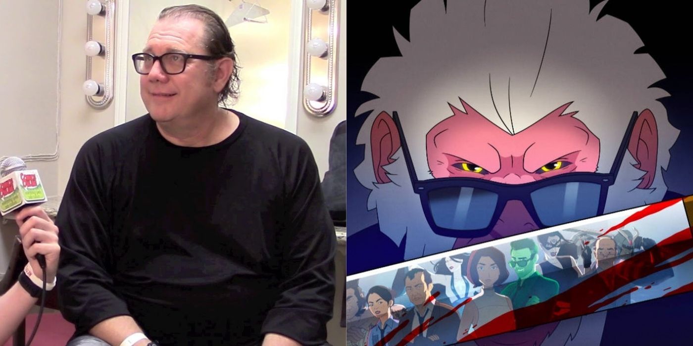 Split images of Fred Tatasciore sitting in a fan interview and Hit Monkey holding a katana