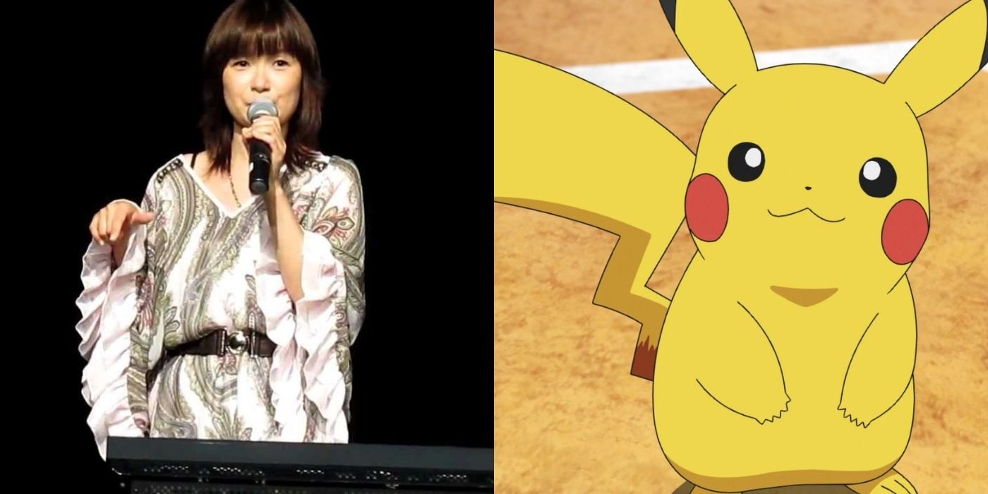 Split images of Ikue Otani speaking at an event and Pikachu