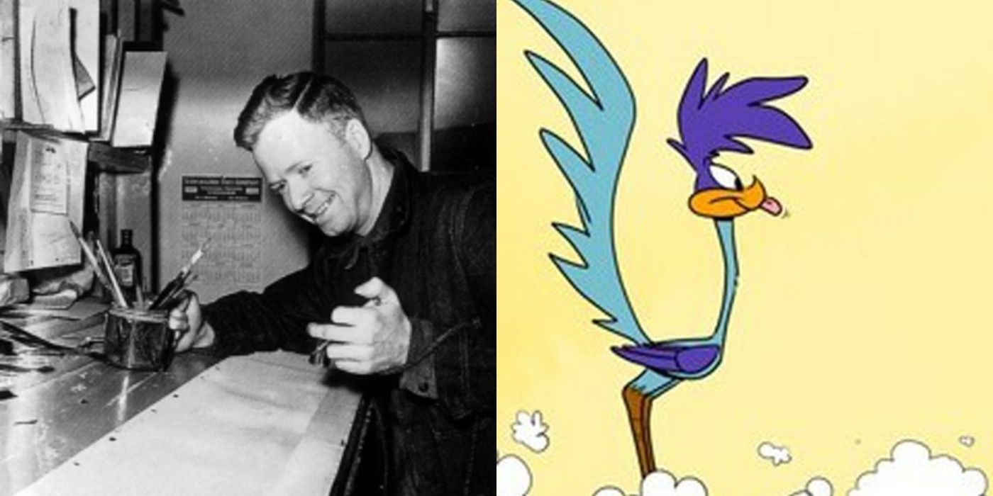 Split images of Paul Julian sitting at a table and Road Runner standing on a cliff