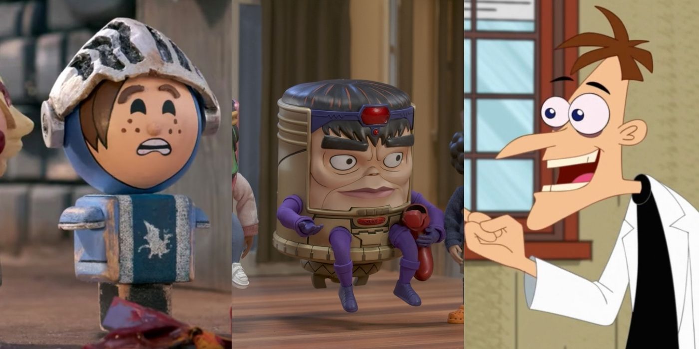 Split images of stills from Crossing Swords, MODOK, and Phineas and Ferb