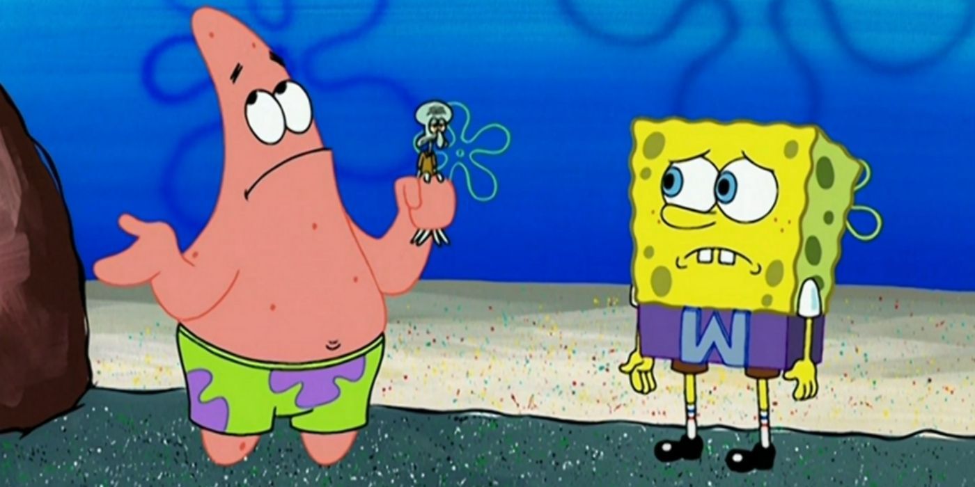 Patrick holding a shrinked Squidward in SpongeBob