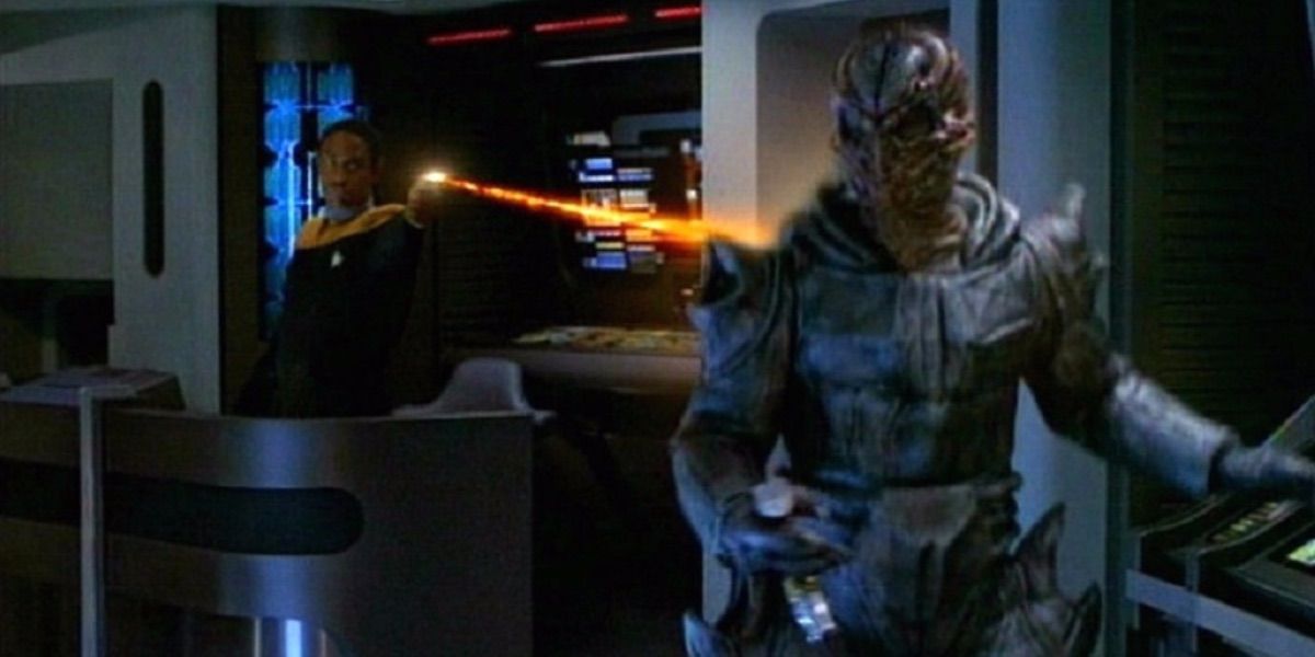 Tuvok shoots one of The Swarm with his phaser from Voyager 