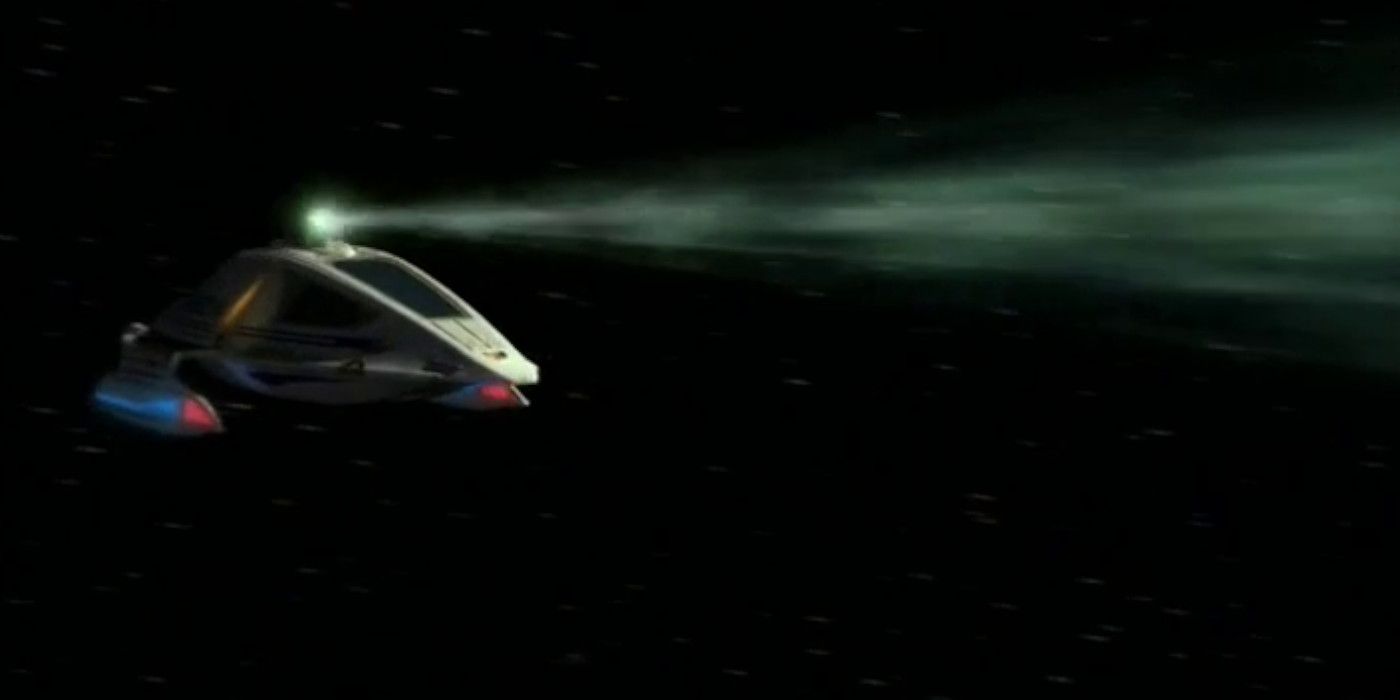 A shuttle in Star Trek Voyager using the Chrono Deflector
