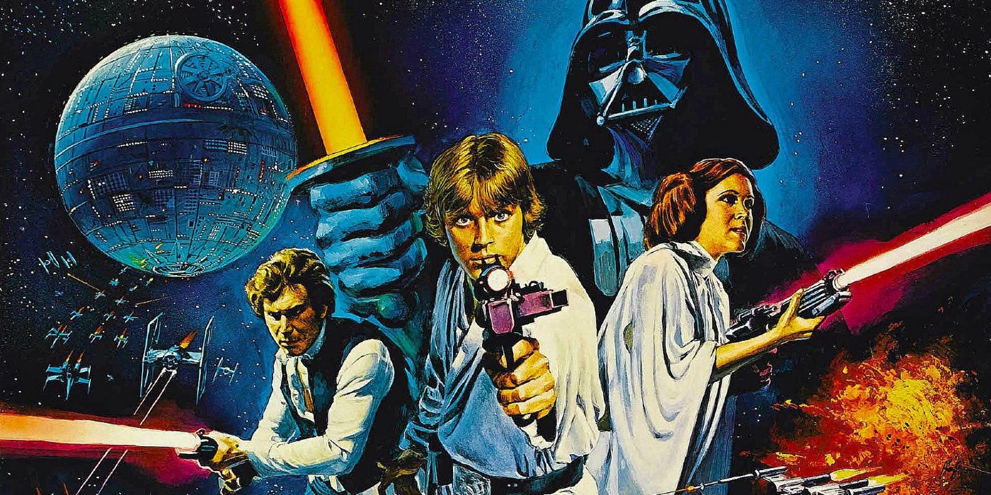 Han, Luke and Leia do battle with the Death Star and Darth Vader in the background.