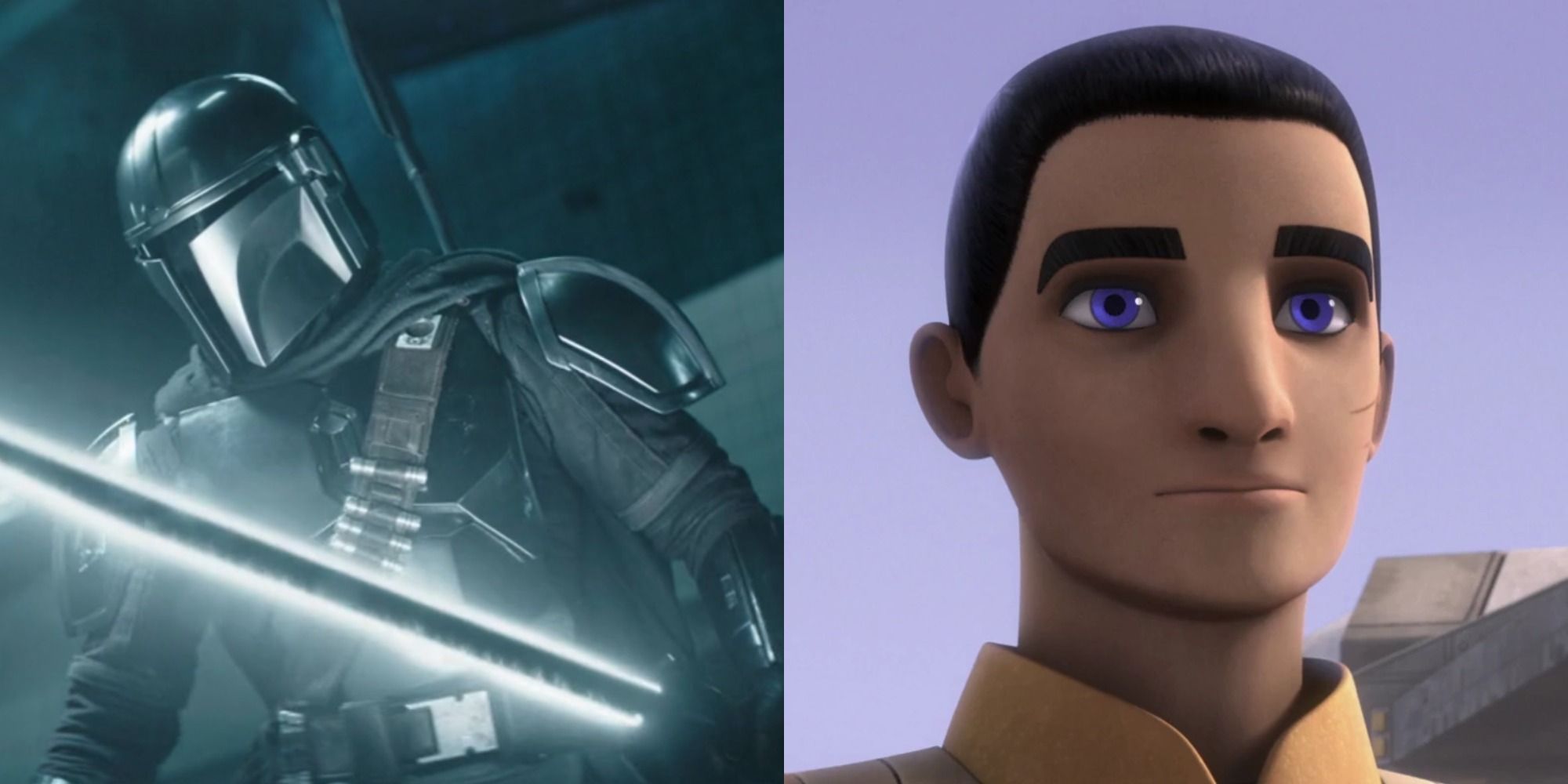 Split image showing the Mandalorian with the Darksaber and Ezra Bridger from Star Wars