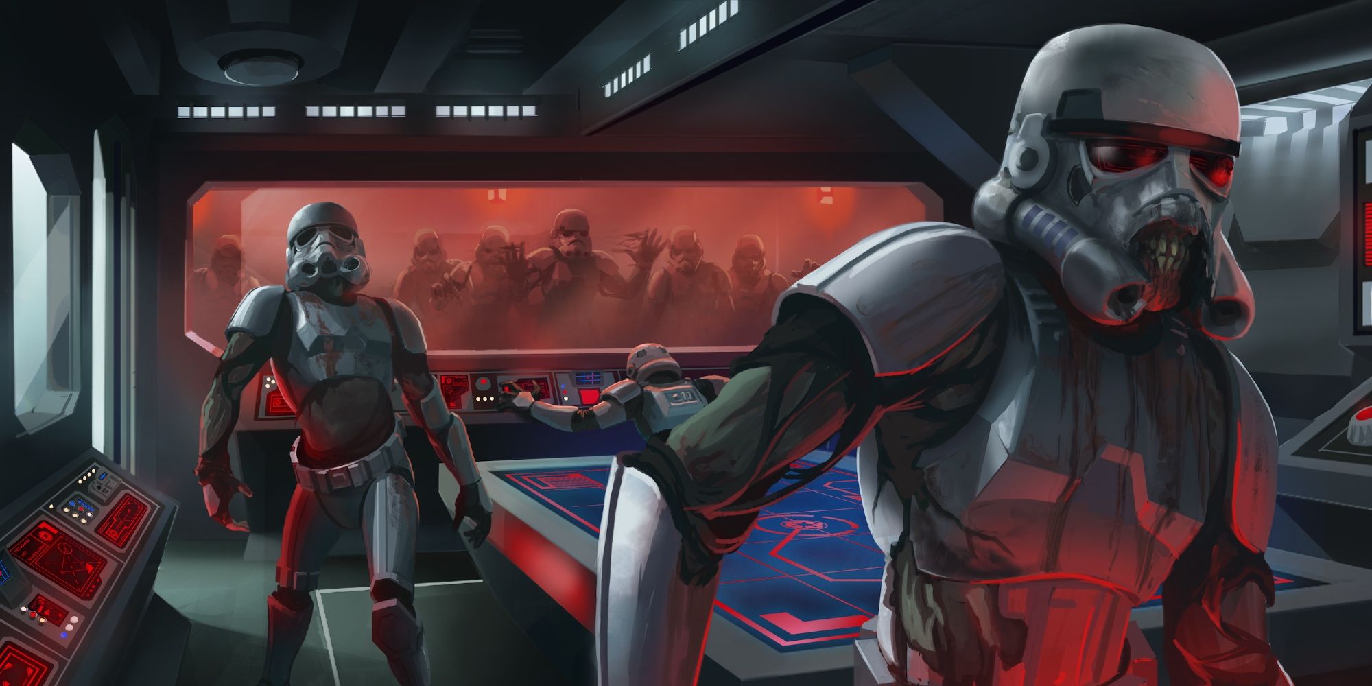 Death troopers slog through a space ship in Star Wars