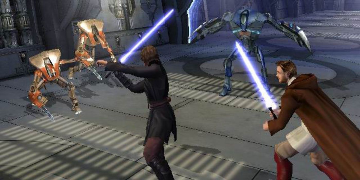 Anakin and Obi-Wan fighting droids in the Star Wars Episode III Revenge Of The Sith game