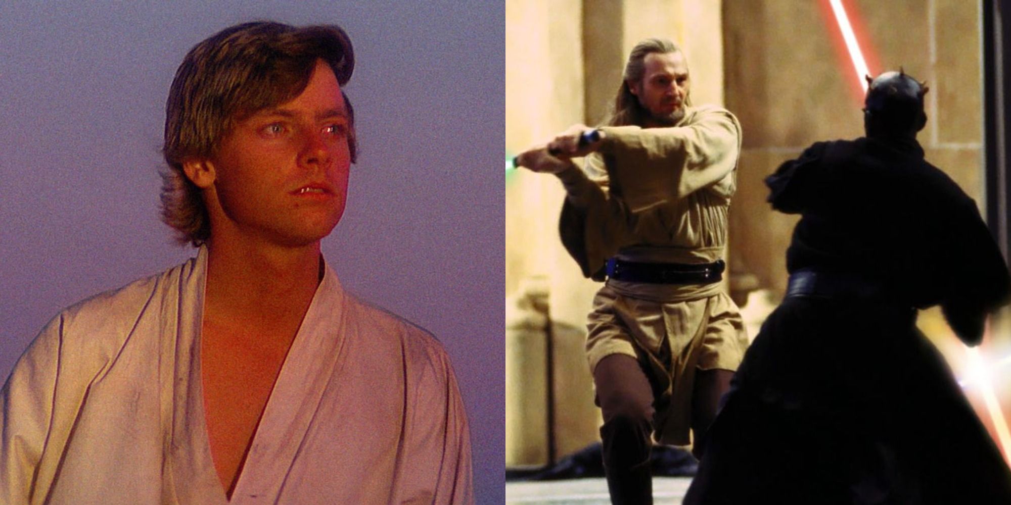 Split image showing Luke and Qui-Gon fighting Darth Maul in Star Wars