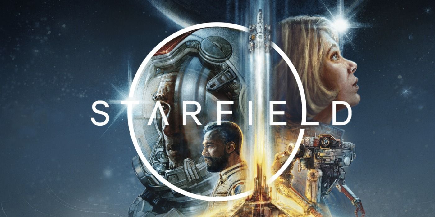 Promo art for Starfield featuring a collage of characters on a space-themed background