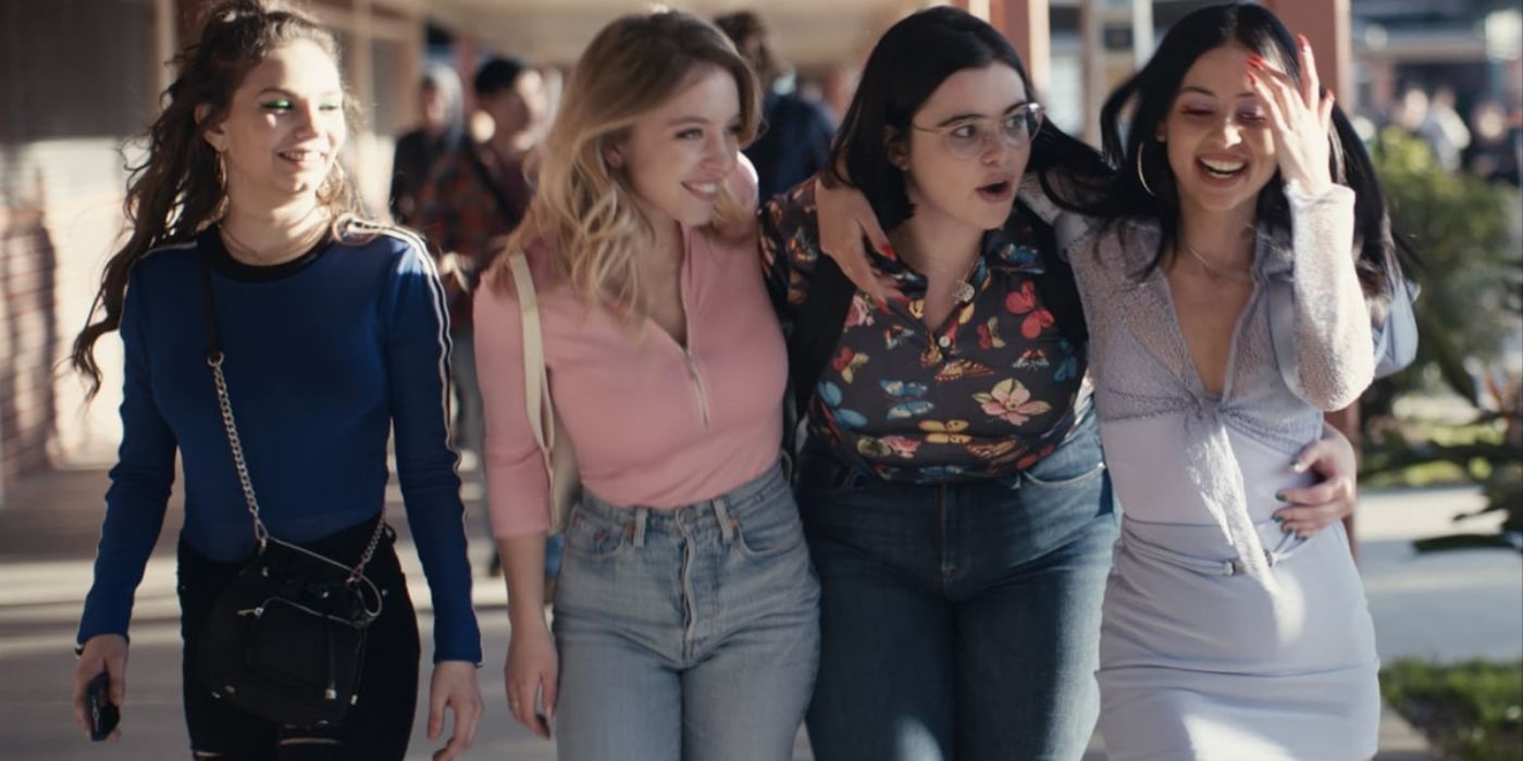 Maddy, Kat, Cassie, and BB walking together at school in Euphoria