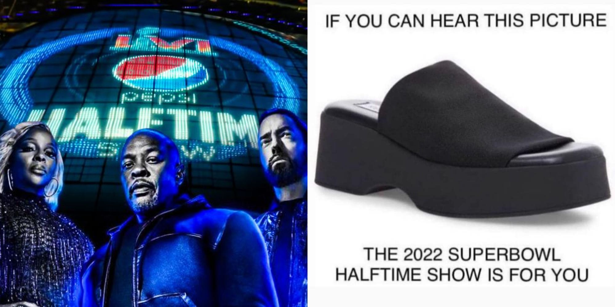 Split image showing the poster for the 2022 Super Bowl halftime show and a meme about it