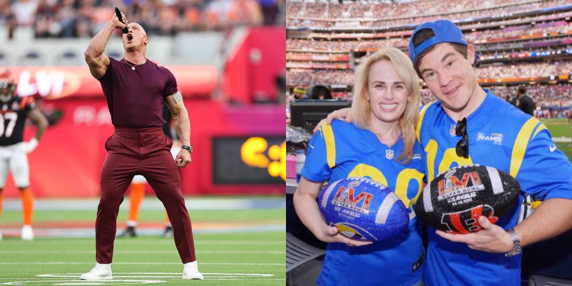 Split image showing Dwayne Johnson and Rebel Wilson and Adam Devine at the Super Bowl
