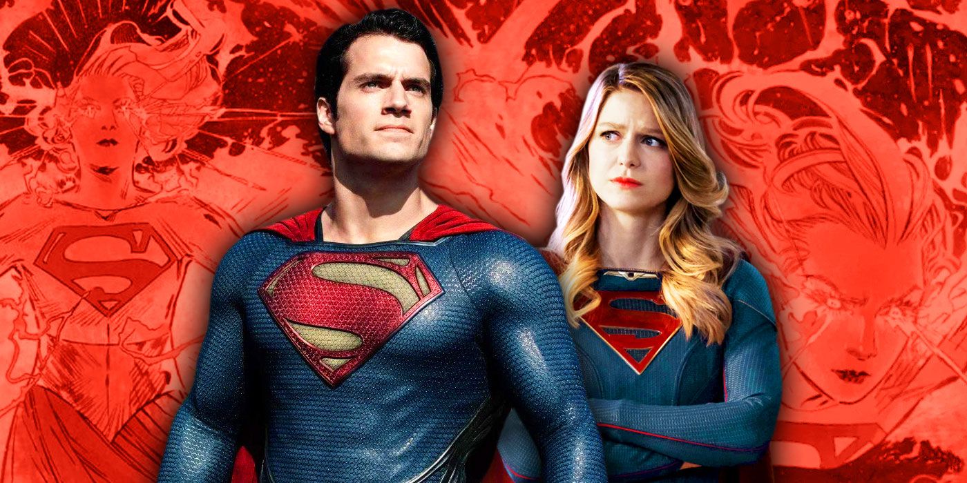 Montage of Melissa Benoist's Supergirl and Henry Cavill's Superman over Supergirl comic panels.
