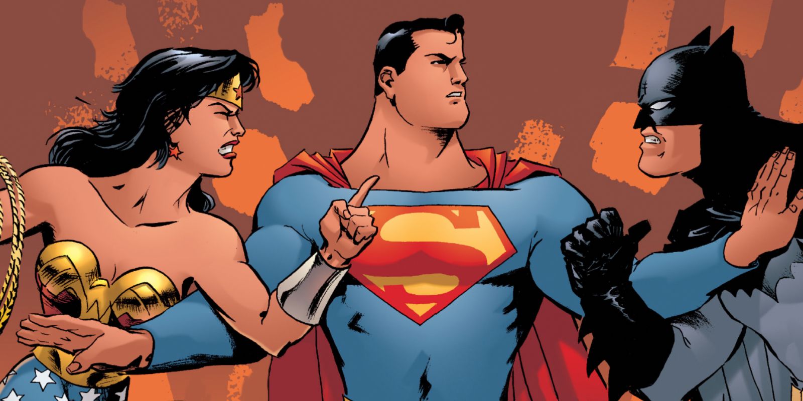 Superman stops Wonder Woman and Batman from fighting in DC Comics.