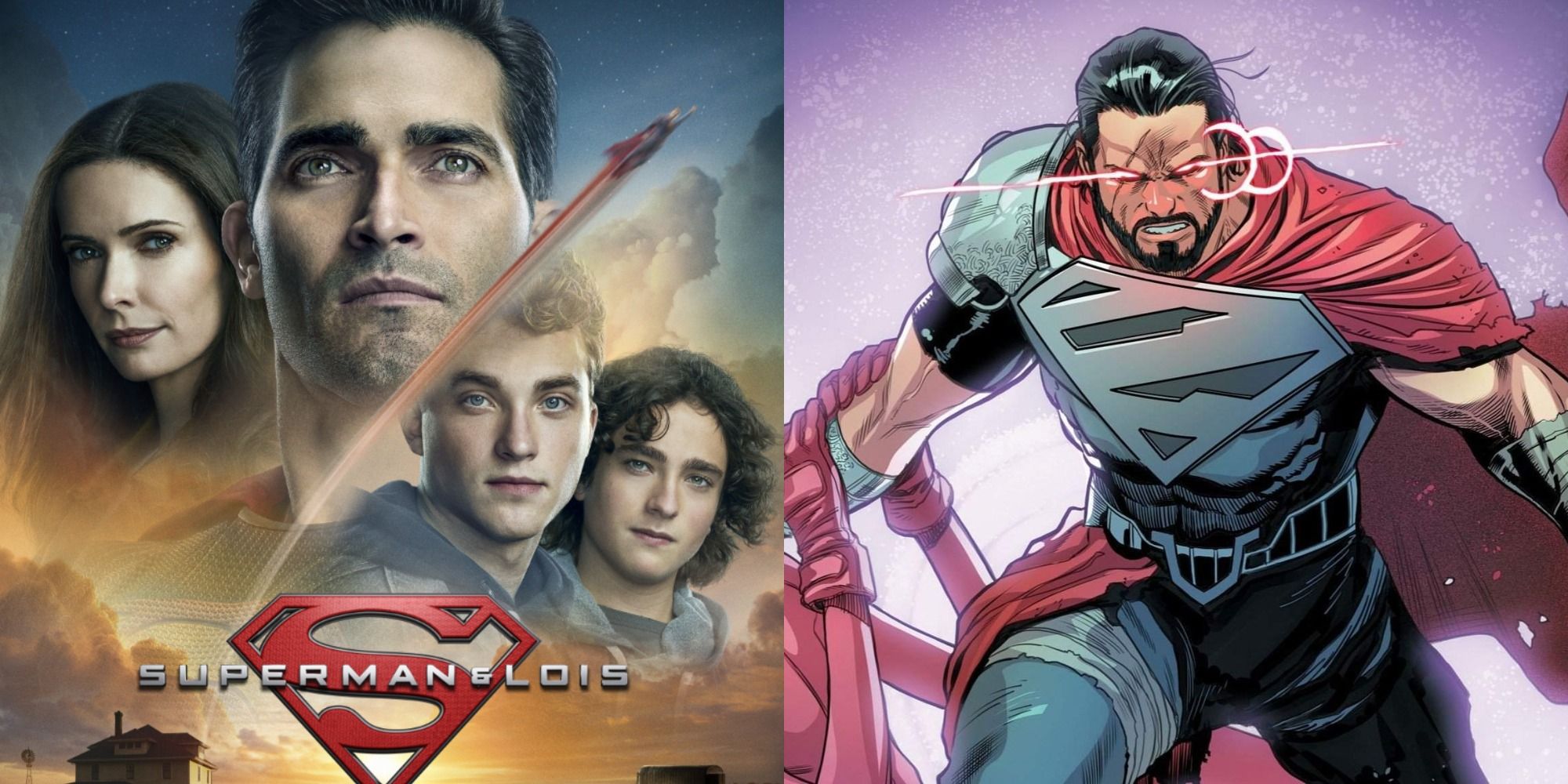 Split image showing a poster for Superman & Lois and General Zod in the comics
