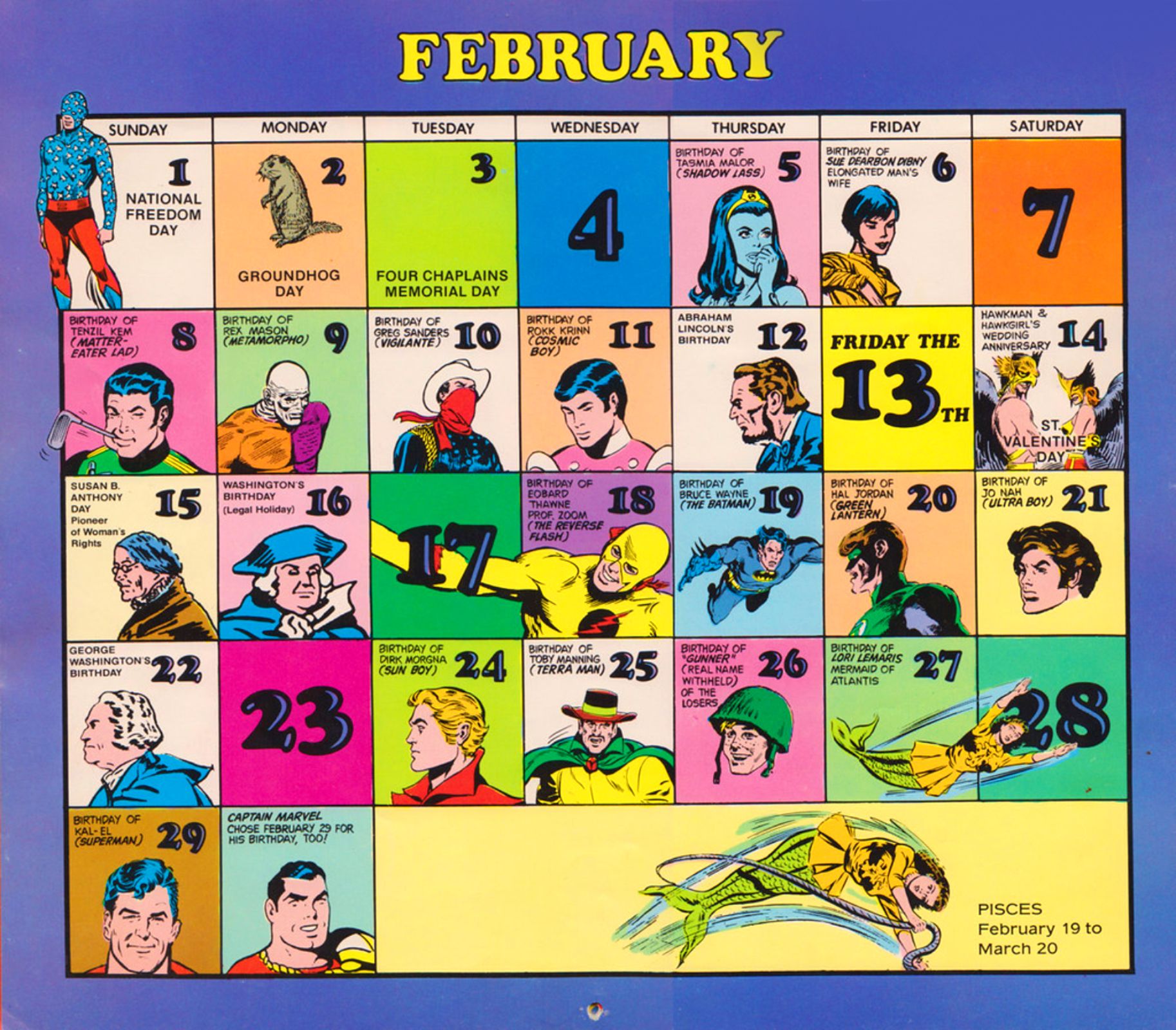 Superman and Captain Marvel Shazam Birthday 1976 calendar