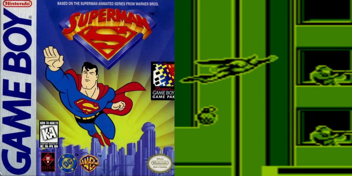Cover and screenshot of Superman game for the Game Boy.