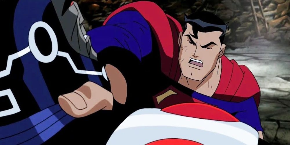 Superman grabs Darkseid by the throat in the DCAU 
