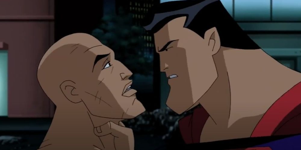 Superman grabs Lex Luthor by the throat in Justice League Unlimited 