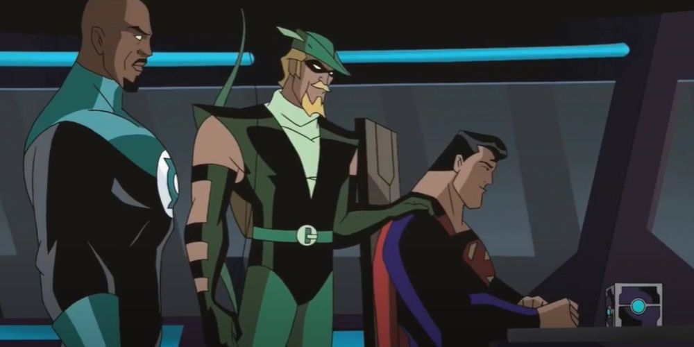 Superman is comforted by Green Arrow and Green Lantern in Justice League Unlimited 