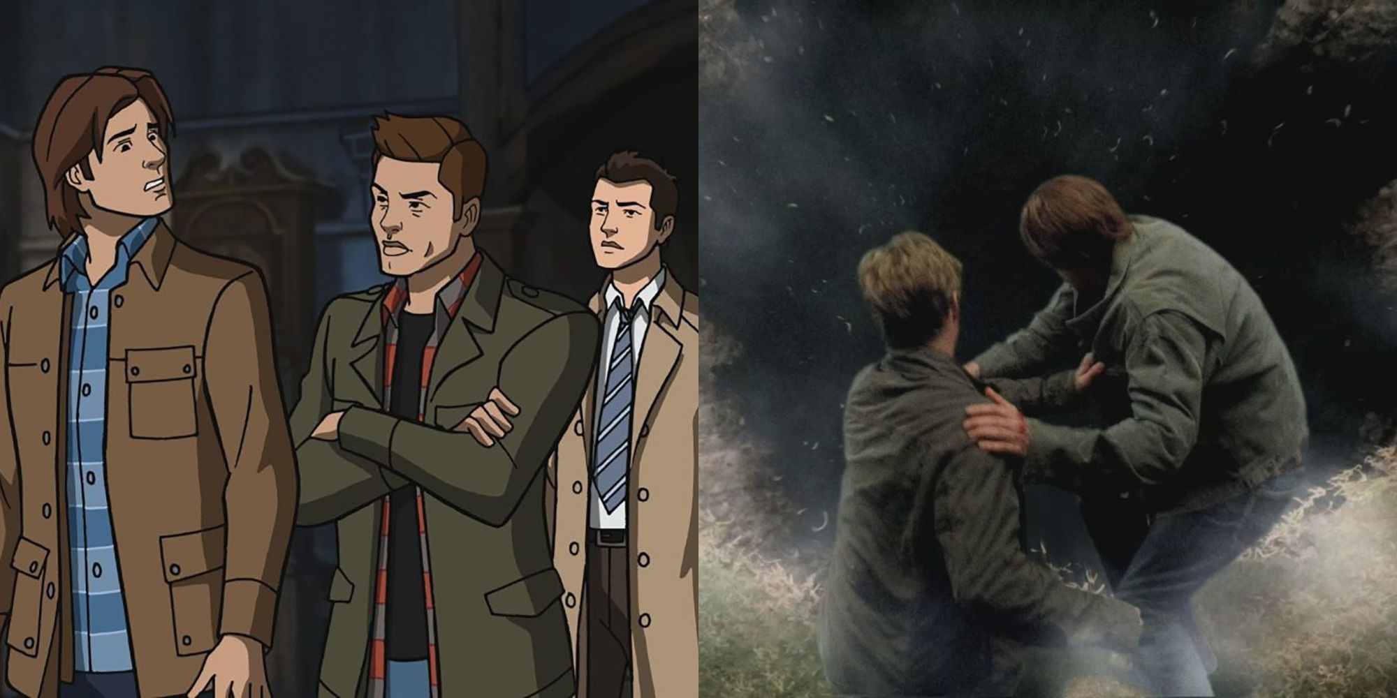 Split image showing Sam, Dean, and Castiel as cartoons and Sam and another man in Supernatural