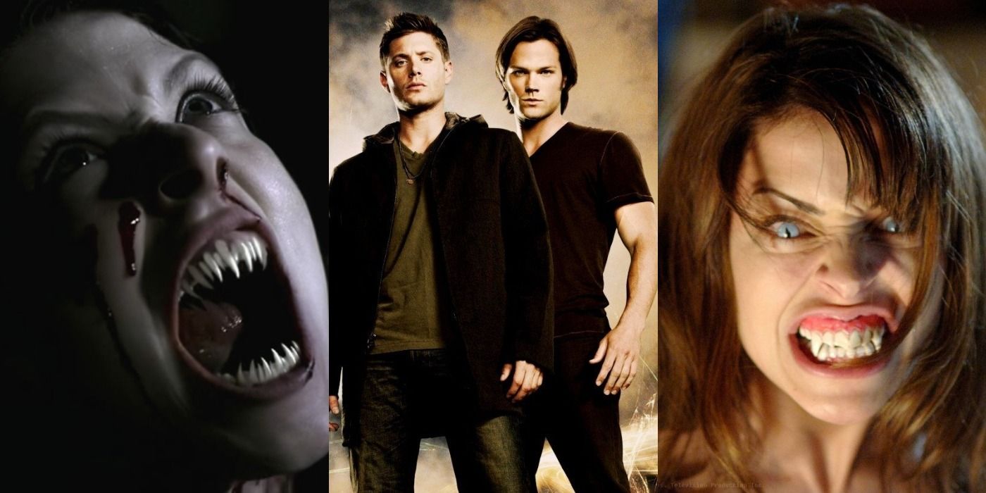 Split images of a vampire, Sam and Dean, and a werewolf in Supernatural