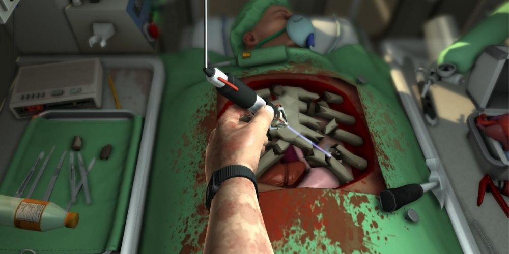 Um jogador abre um paciente no Surgeon Simulator 