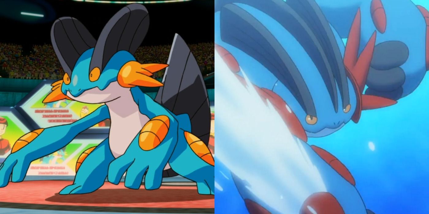 Imagem dividida de Swampert e Mega Swampert debaixo d'água no anime Pokémon