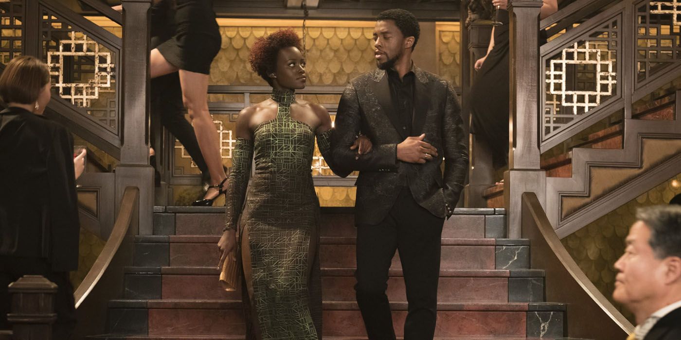 T’Challa and Nakia walking into casino together.