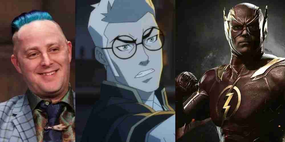 Taliesin Jaffe, his character Percy, and The Flash from Injustice.