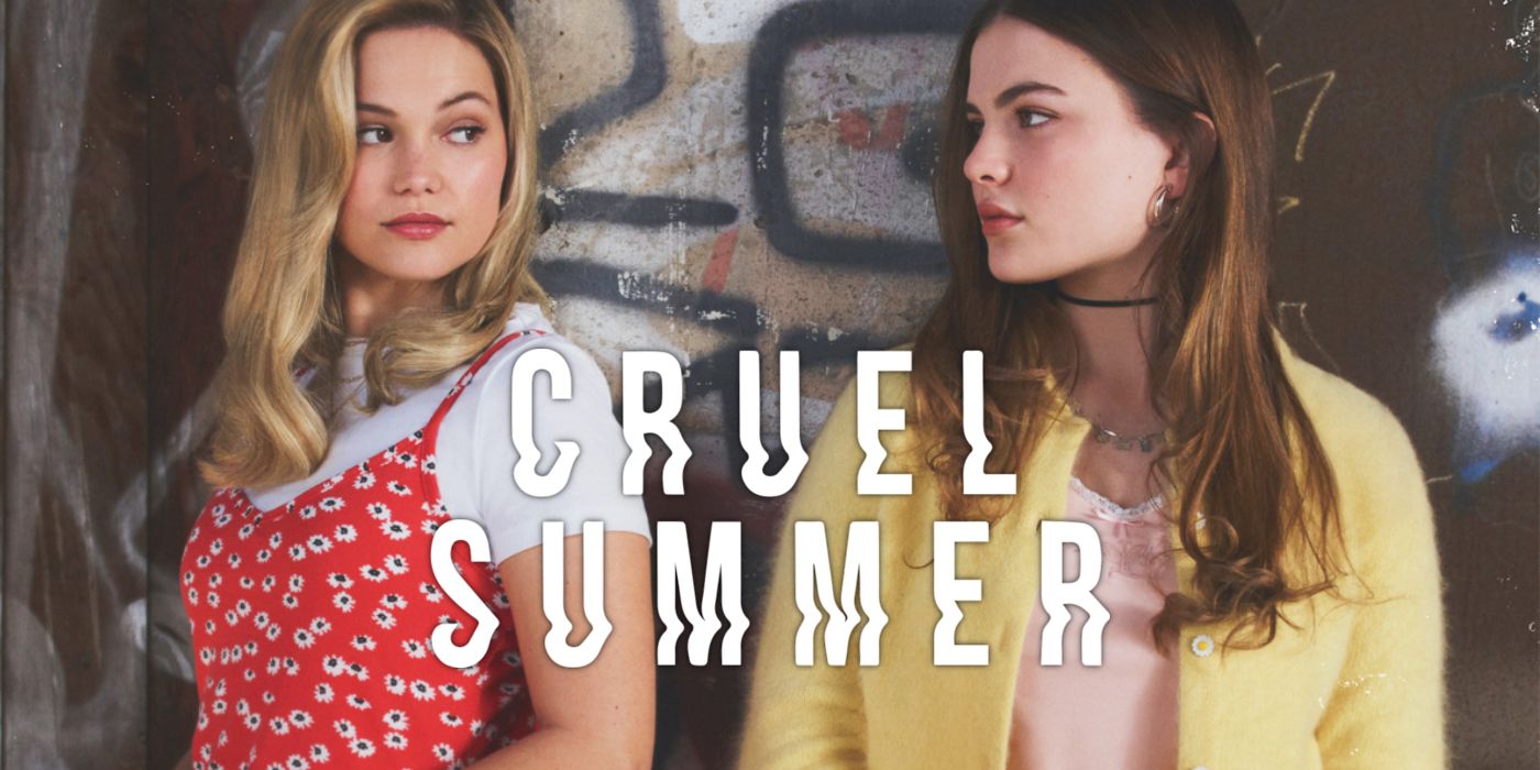 Cruel summer main characters standing against wall with show title