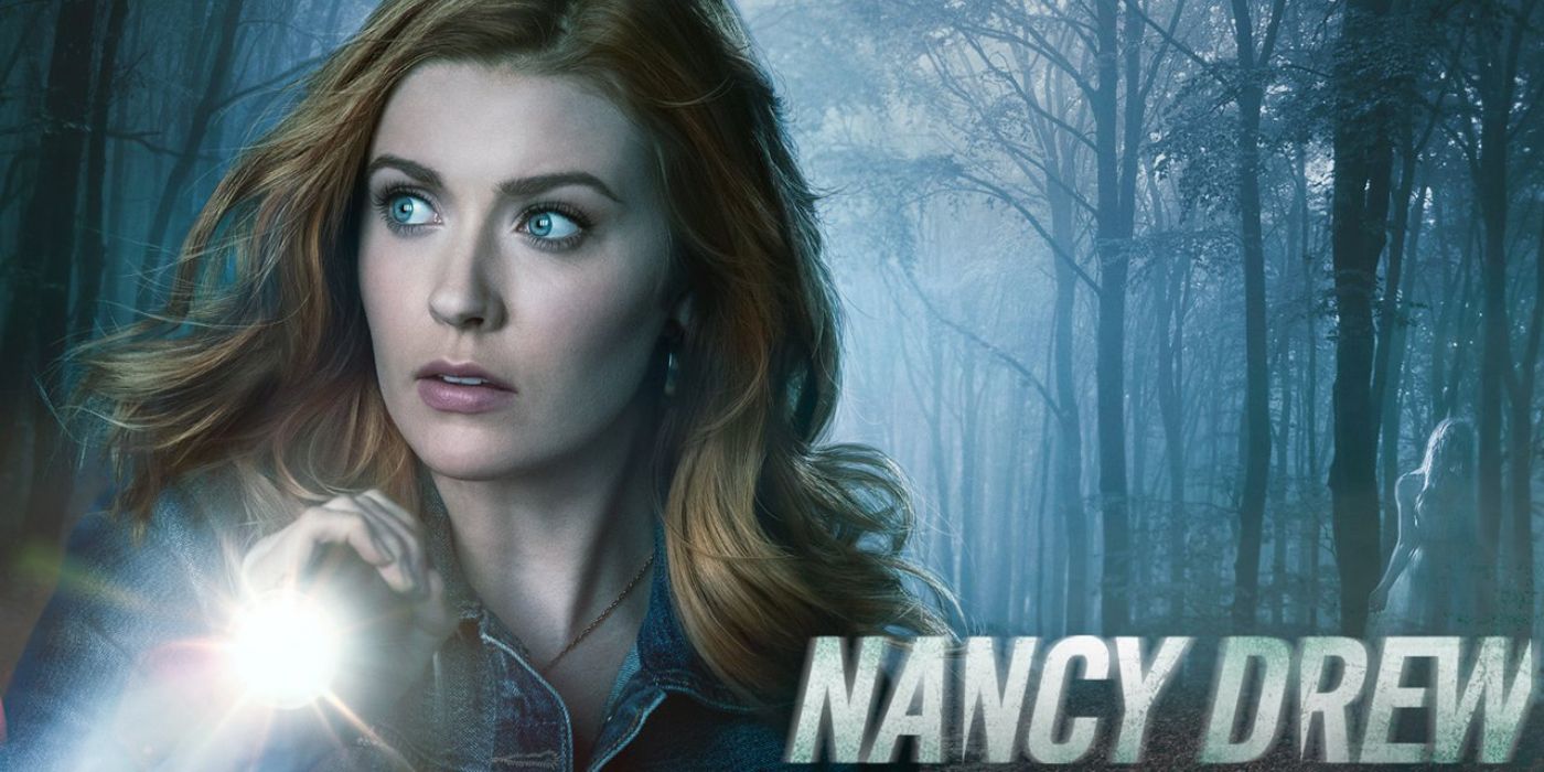 Nancy Drew with flashlight in forest setting and show title