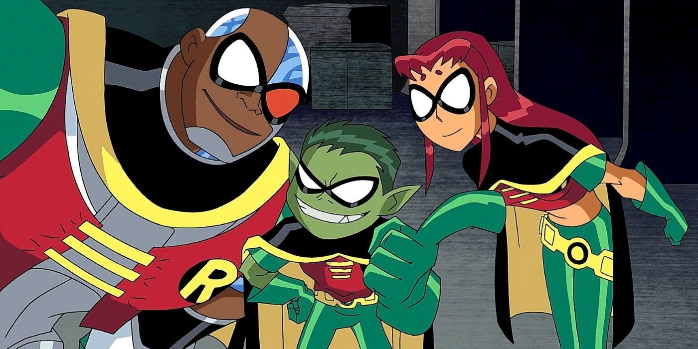 Cyborg, Beast Boy, and Starfire dressed as Robin in Teen Titans