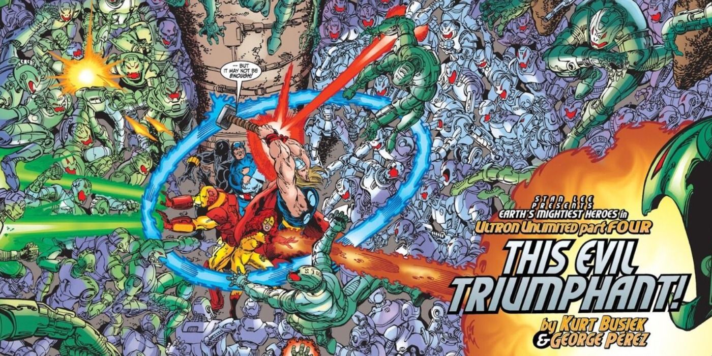 The Avengers fight endless Ultrons in Marvel Comics.