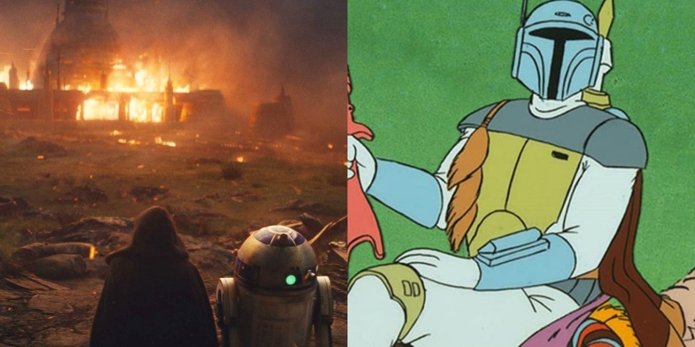 Split image of the burning Jedi School and Boba Fett in the Star Wars Holiday Special