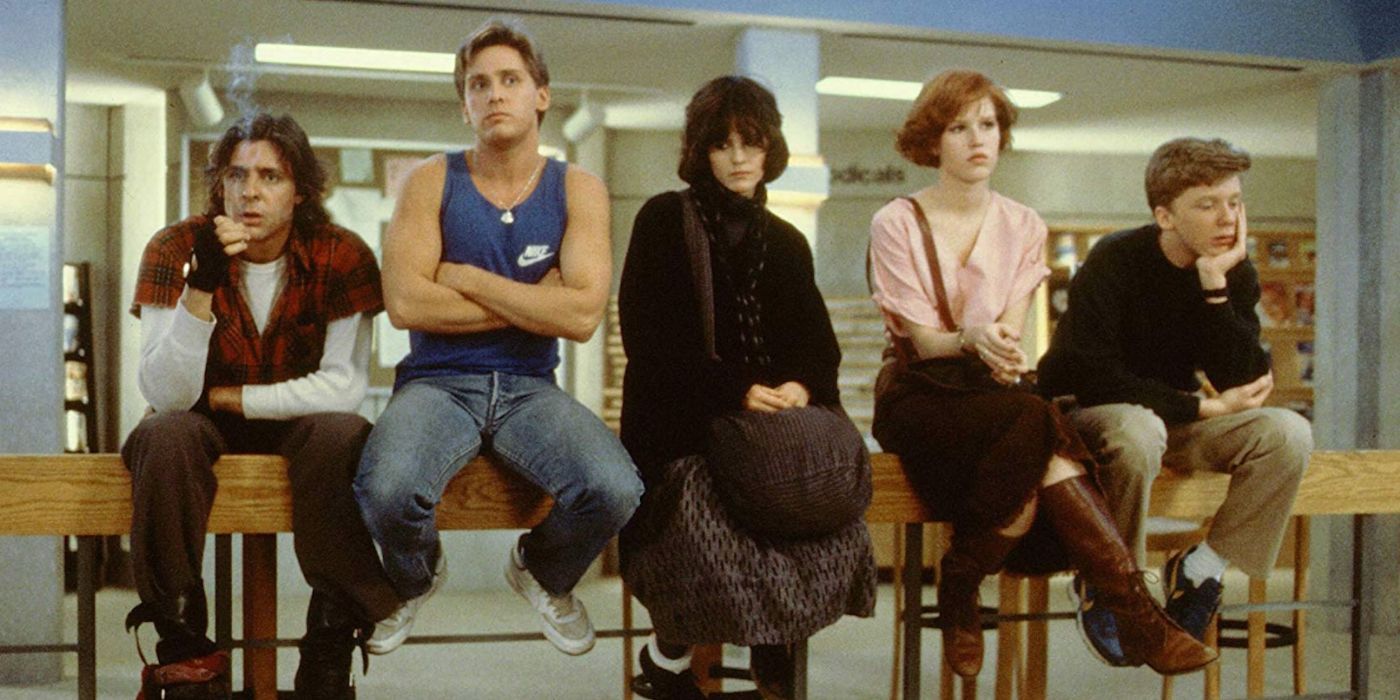 All five main characters hanging out together in detention in The Breakfast Club