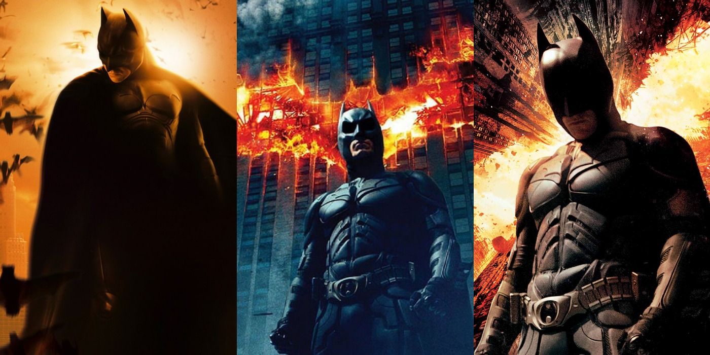 Split image of Batman Begins, The Dark Knight, and The Dark Knight Rises posters