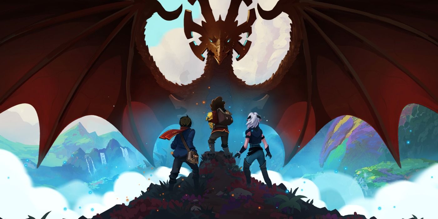 The main trio overlooking Sol Regem in The Dragon Prince promo art