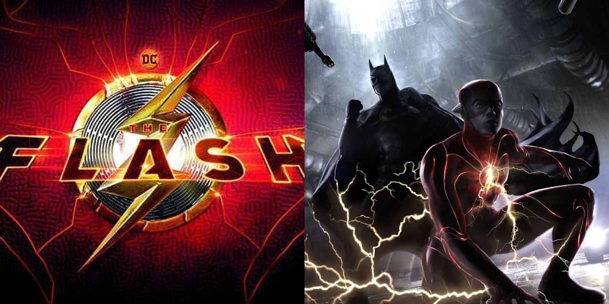 Split image showing the poster for The Flash and artwork showing Flash and Batman