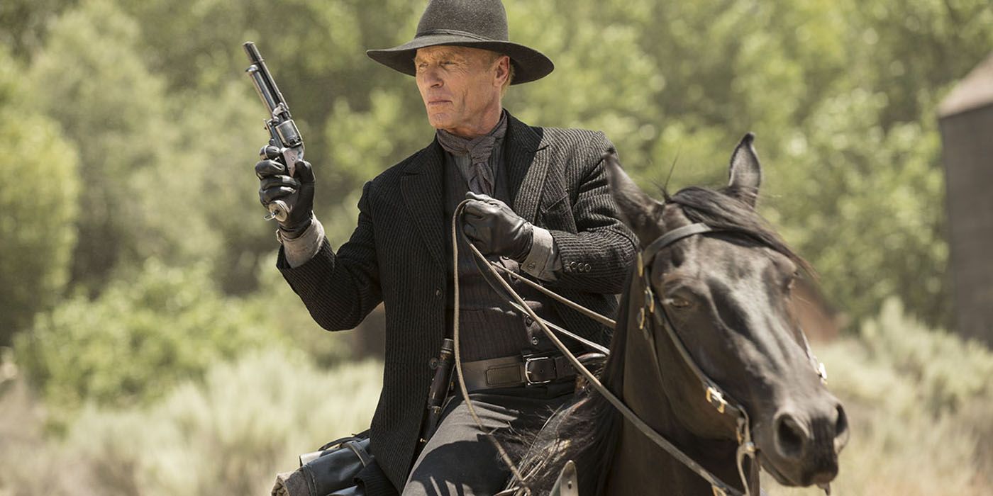 The Man in Black on a horse with a gun in Westworld.