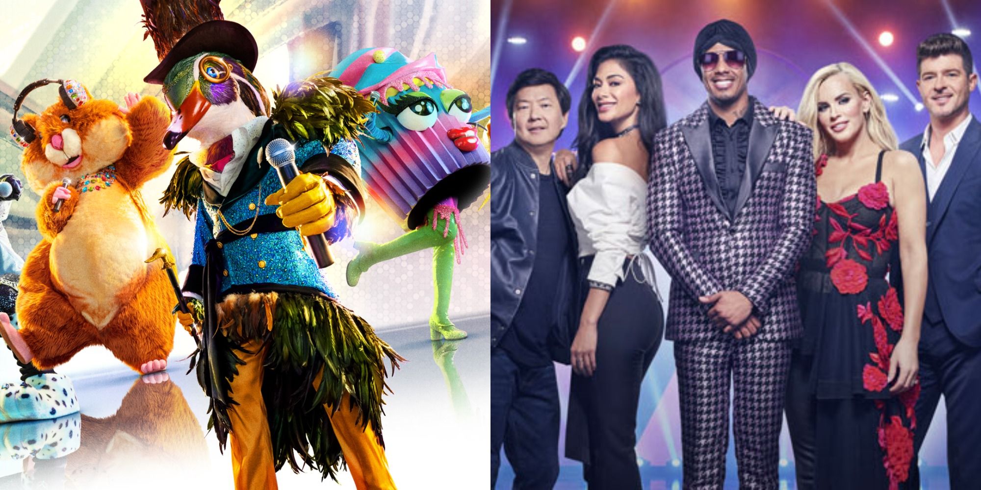 Split image showing contestants for The Masked Singer and the judges and host
